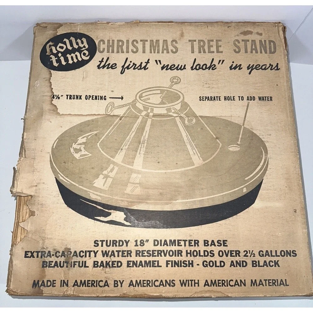 Vtg MCM Mell Mfg. Co. Holly Time Christmas Tree Stand‎ B-5 Black & Gold-Complete